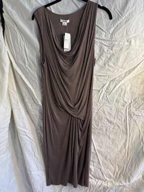 Helmut Lang Draped Sleeveless Midi Dress in Taupe Gray